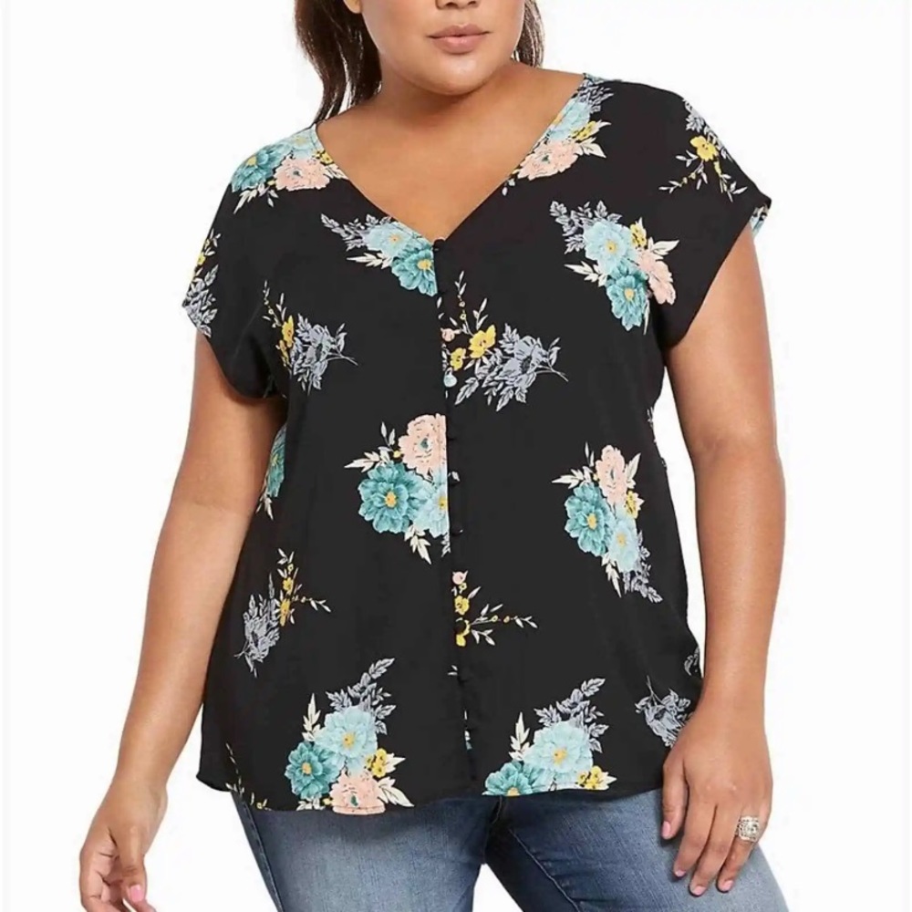 Torrid Black Floral Sheer V-Neck Tunic Top 1X